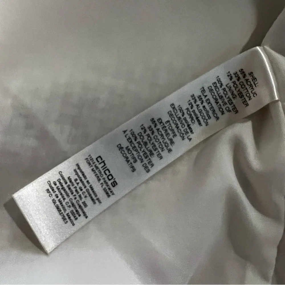 Chico’s Textured Embellished Trim Cream and Gold Open Front jacket size large - Picture 11 of 11